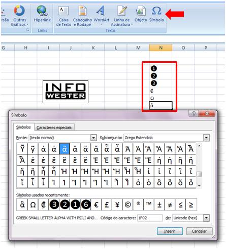 Símbolos no Excel