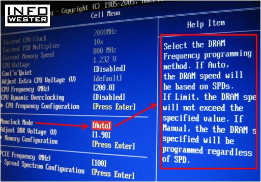 Exemplo de ajuste de memória em setup de BIOS baseado em SPD