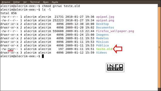 Repare que o arquivo teste.old tem permissões rwx para o grupo
