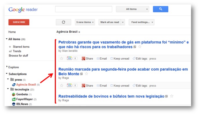 Feeds RSS no Google Reader