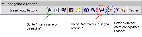 Botões Inserir número, Mesmo que a seção anterior e Alternar entre cabeçalho e rodapé