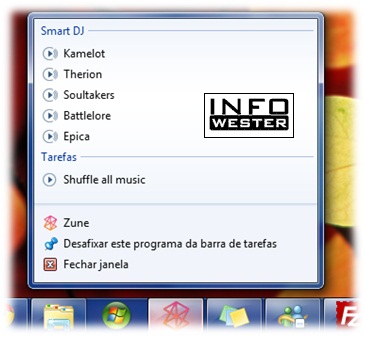 Jump List do programa Zune