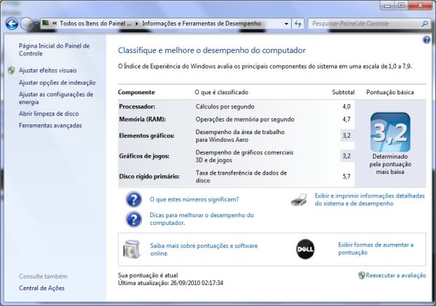 Pontuação do Inspiron 11z no Windows 7