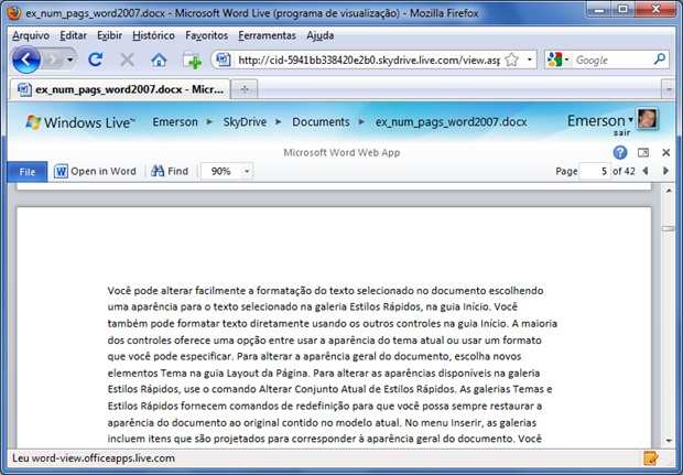 Documento do Word sendo visualizado através do SkyDrive