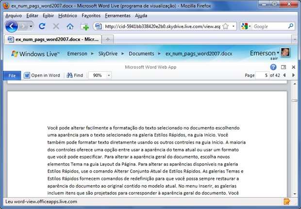 Documento do Word sendo visualizado através do SkyDrive