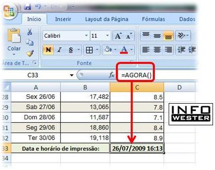 Função =AGORA() no Excel 2007
