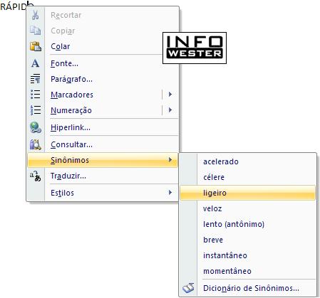 Sugestões de sinônimos no Word