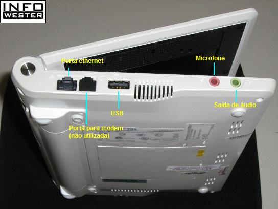 Porta ethernet, porta USB, conectores de áudio e microfone