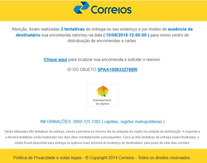 E-mail falso em nome dos Correios