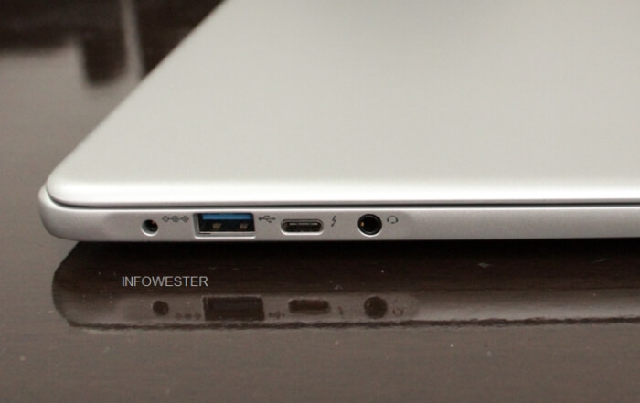 Porta USB, porta USB-C com Thunderbolt e conexão para fones e microfone