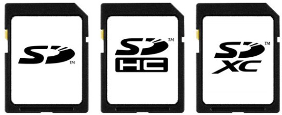 Símbolo dos cartões SD (simples), SDHC e SDXC —
	repare neles ao comprar um cartão