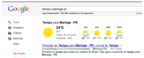 Previsão do tempo no Google