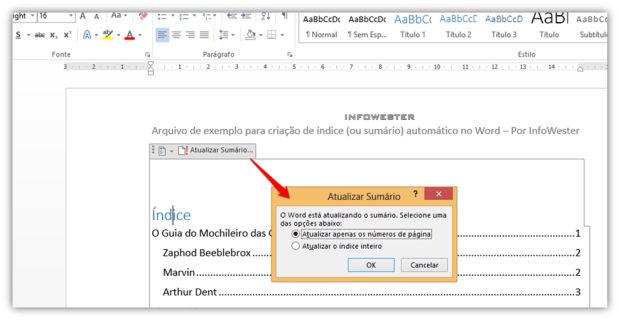 Atualizando o índice automático no Word 2013