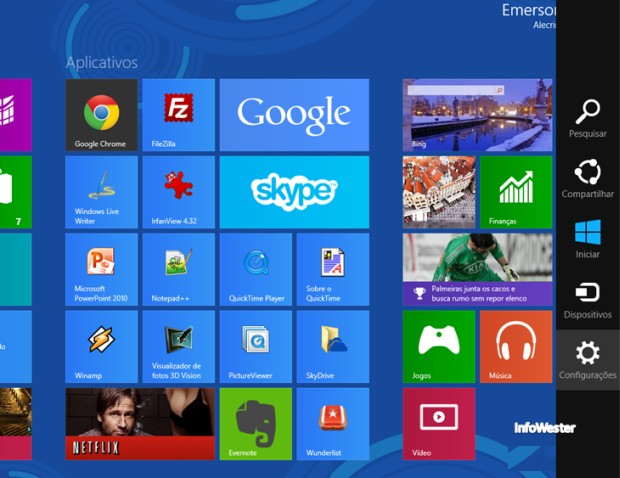A Charm Bar do Windows 8 (barra preta à direita)