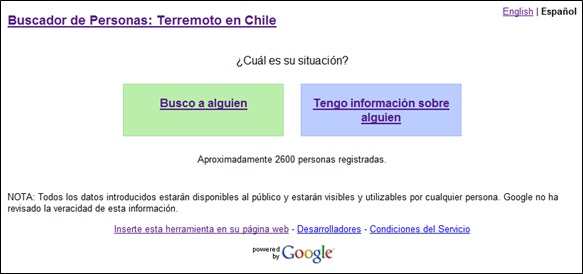 Serviço de busca de pessoas desaparecidas no Chile do Google
