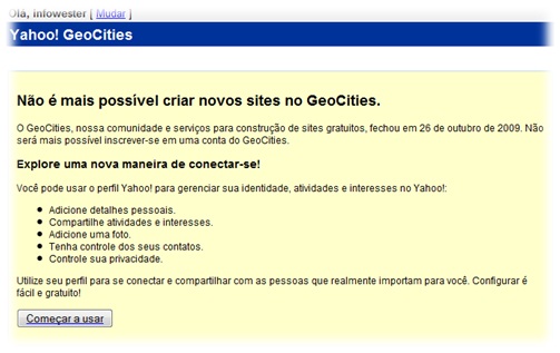 Aviso exibido na versão brasileira do GeoCities