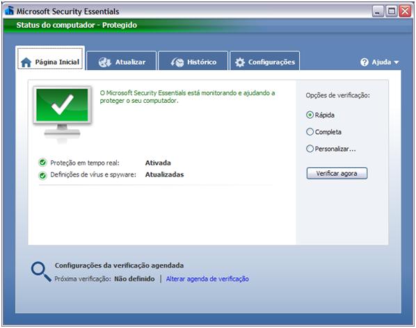 Janela do Microsoft Security Essentials
