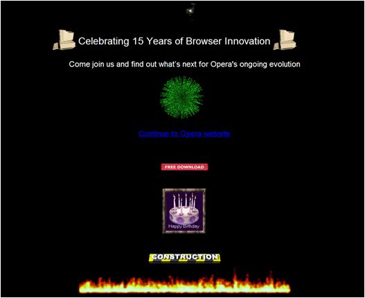 Página inicial de comemoração dos 15 anos do Opera