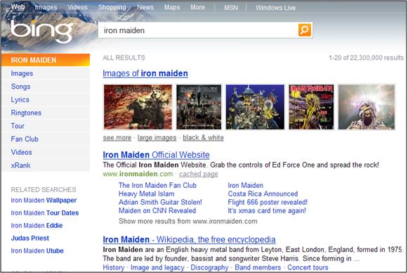 Resultados do Bing para 'Iron Maiden'