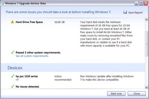 Tela do Windows 7 Upgrade Advisor