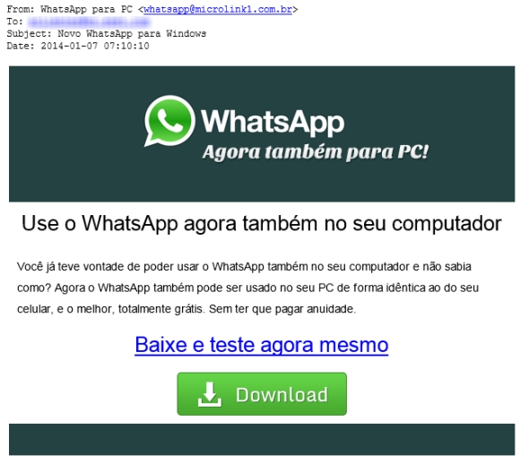 E-mail fraudulento sobre o WhatsApp
