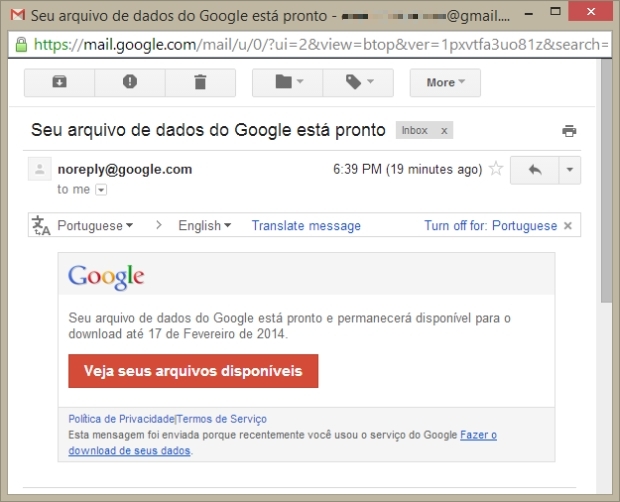 E-mail de arquivo pronto do Google Takeout