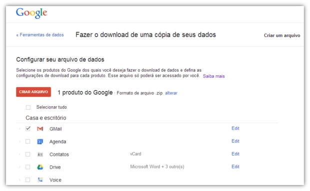 Escolhendo o Gmail no Google Takeout